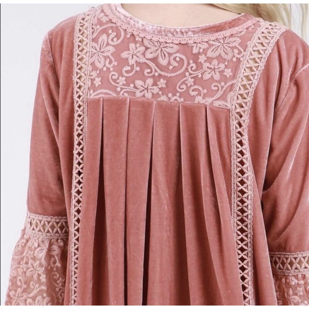 POL Dusty Pink Pink Velvet & Lace Babydoll Dress Women’s Small Boho Peasant - Picture 10 of 10
